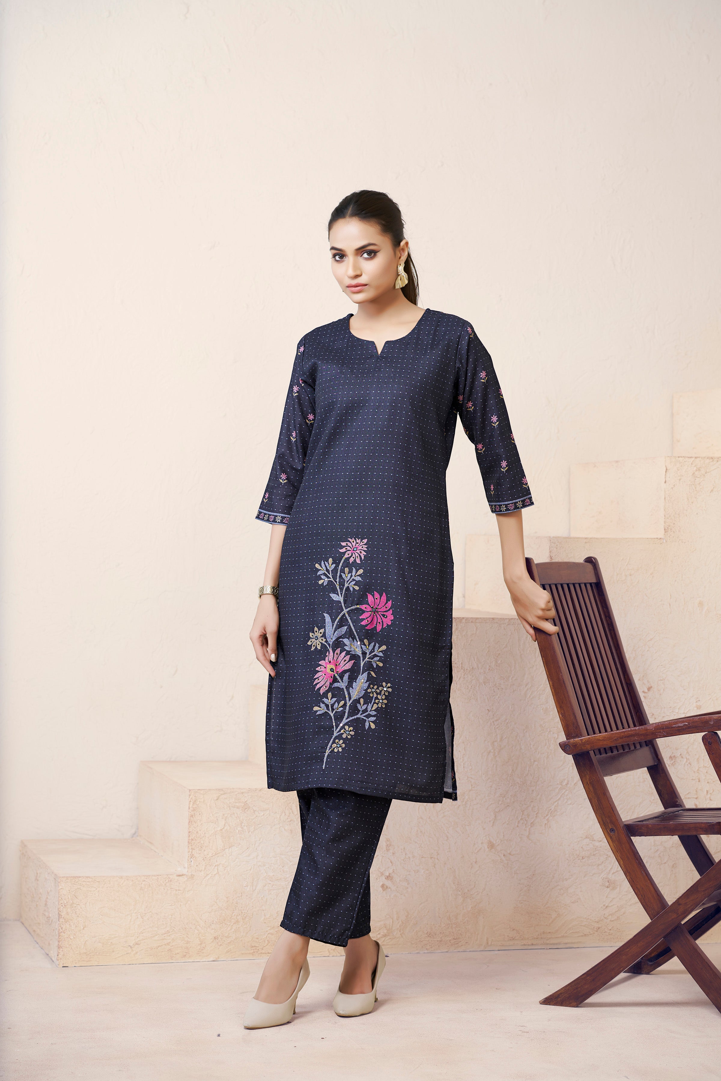 Women's Cotton Linen Black Floral Printed and Embroidery Kurti
