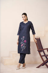 Women's Cotton Linen Black Floral Printed and Embroidery Kurti-AVT-S2071-Black