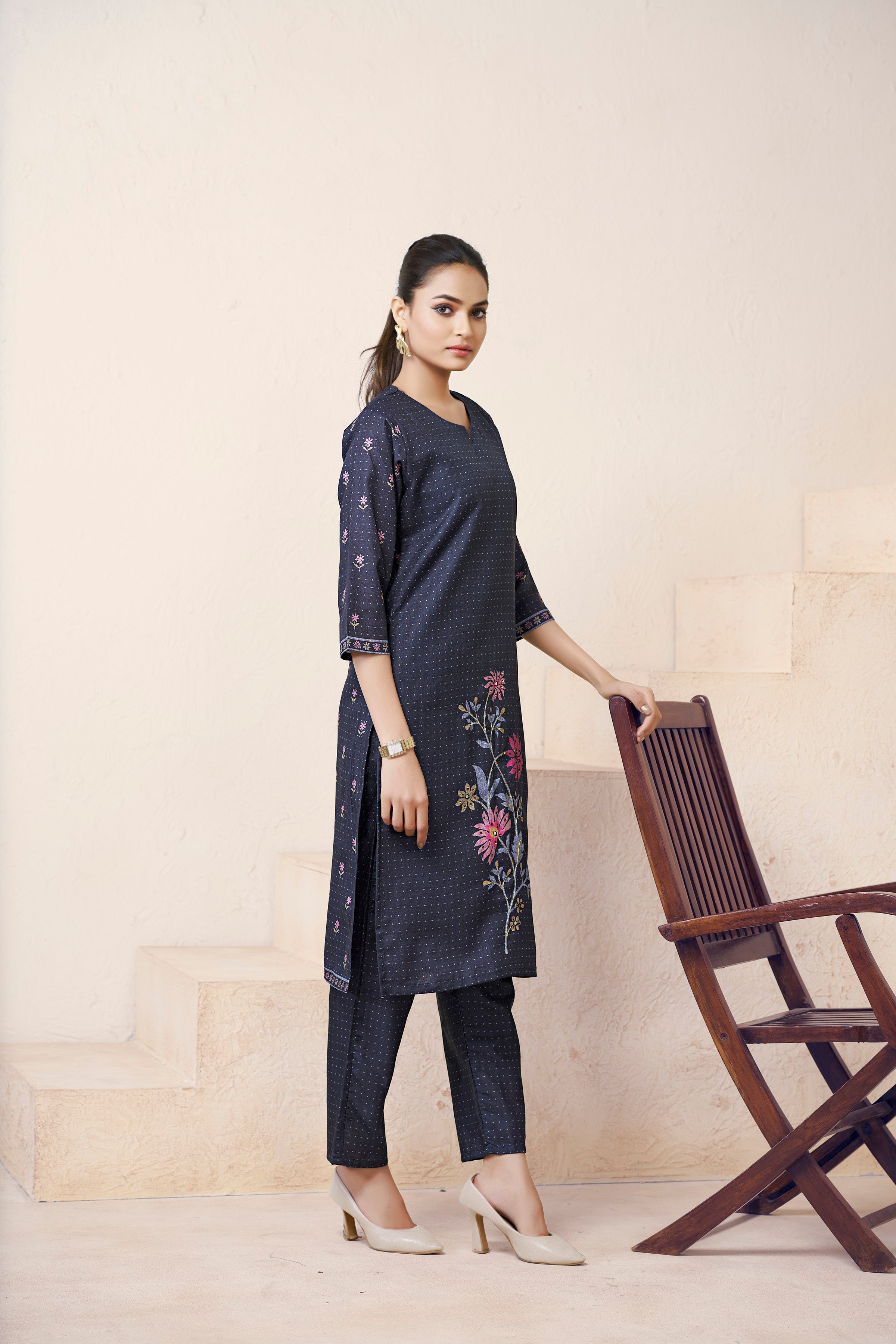 Women's Cotton Linen Black Floral Printed and Embroidery Kurti