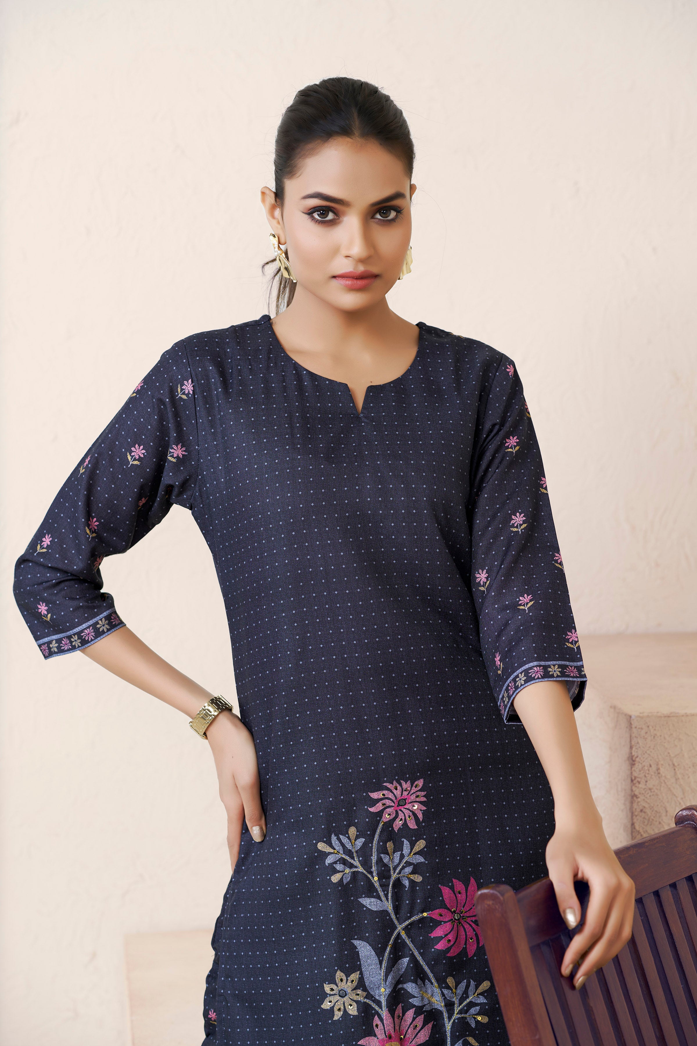 Women's Cotton Linen Black Floral Printed and Embroidery Kurti