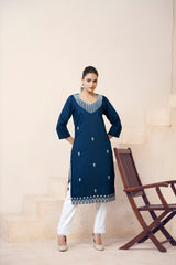 Women's Viscose Rayon Teal Embroidery Kurti-AVT-S2073-Teal