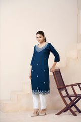Women's Viscose Rayon Teal Embroidery Kurti-AVT-S2073-Teal