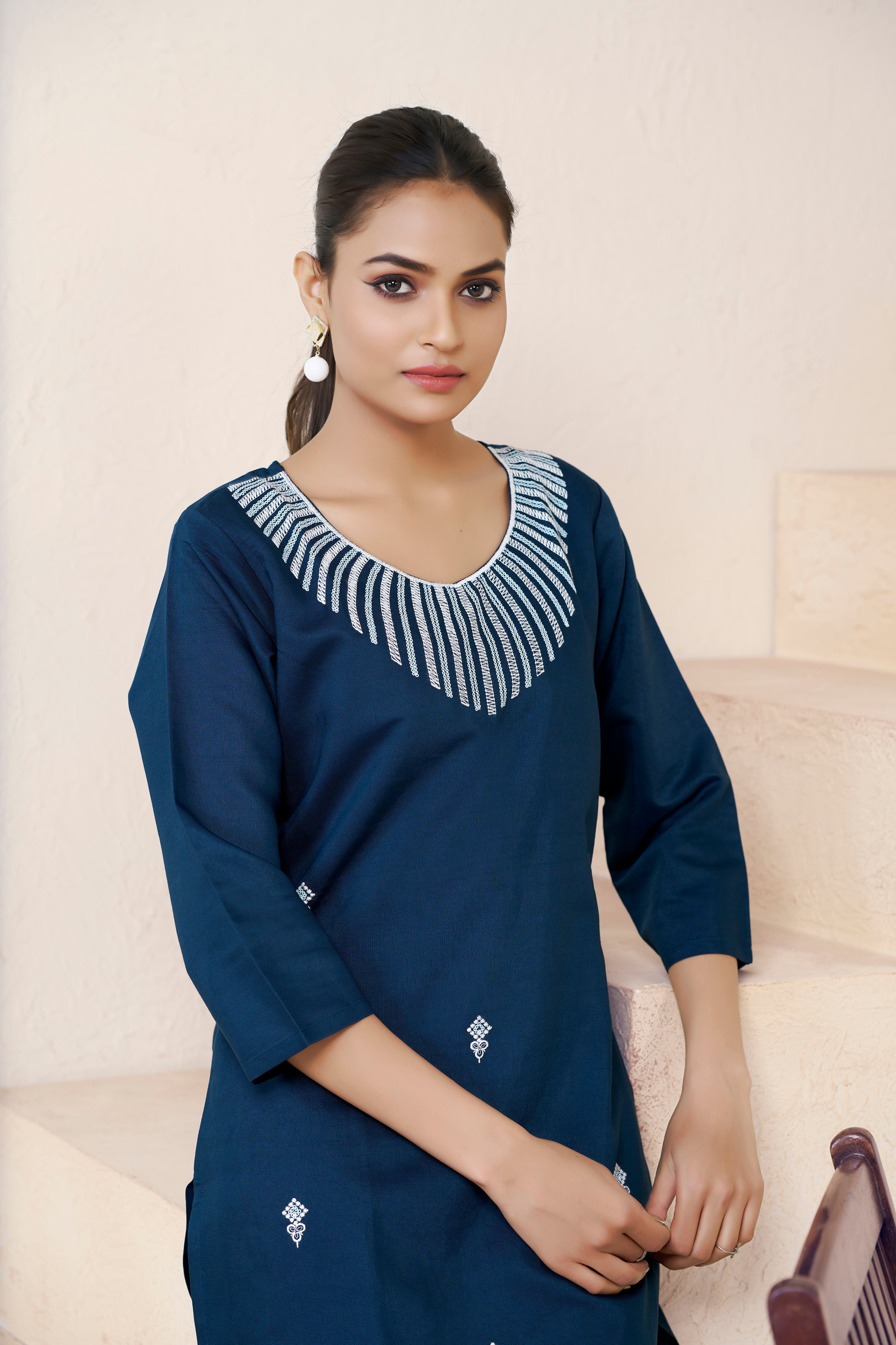 Women's Viscose Rayon Teal Embroidery Kurti