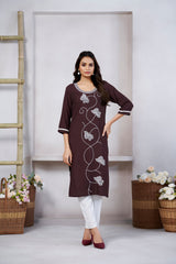 Women's Viscose Rayon Brown Embroidery Kurti-AVT-S2074-Brown