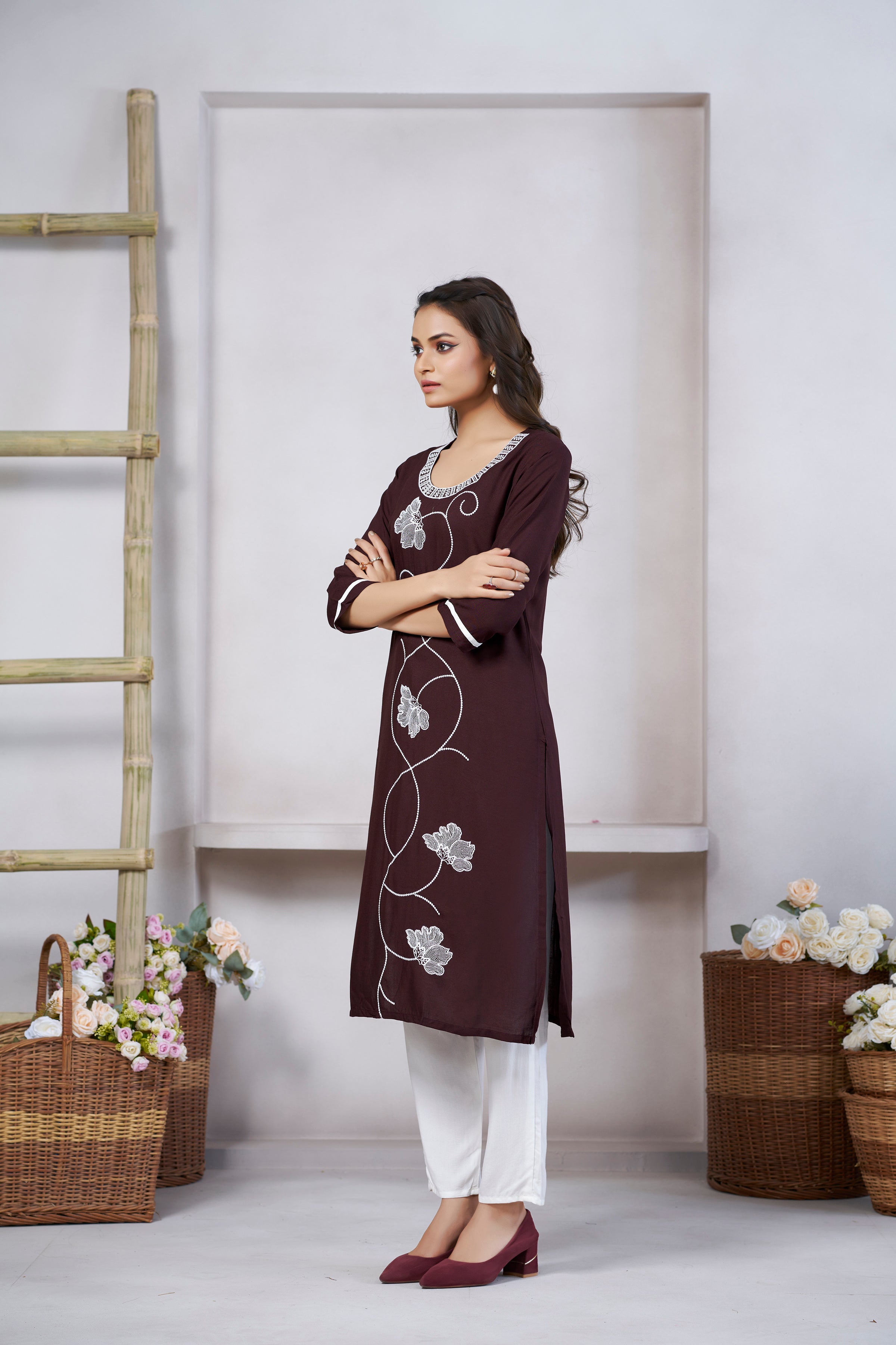 Women's Viscose Rayon Brown Embroidery Kurti