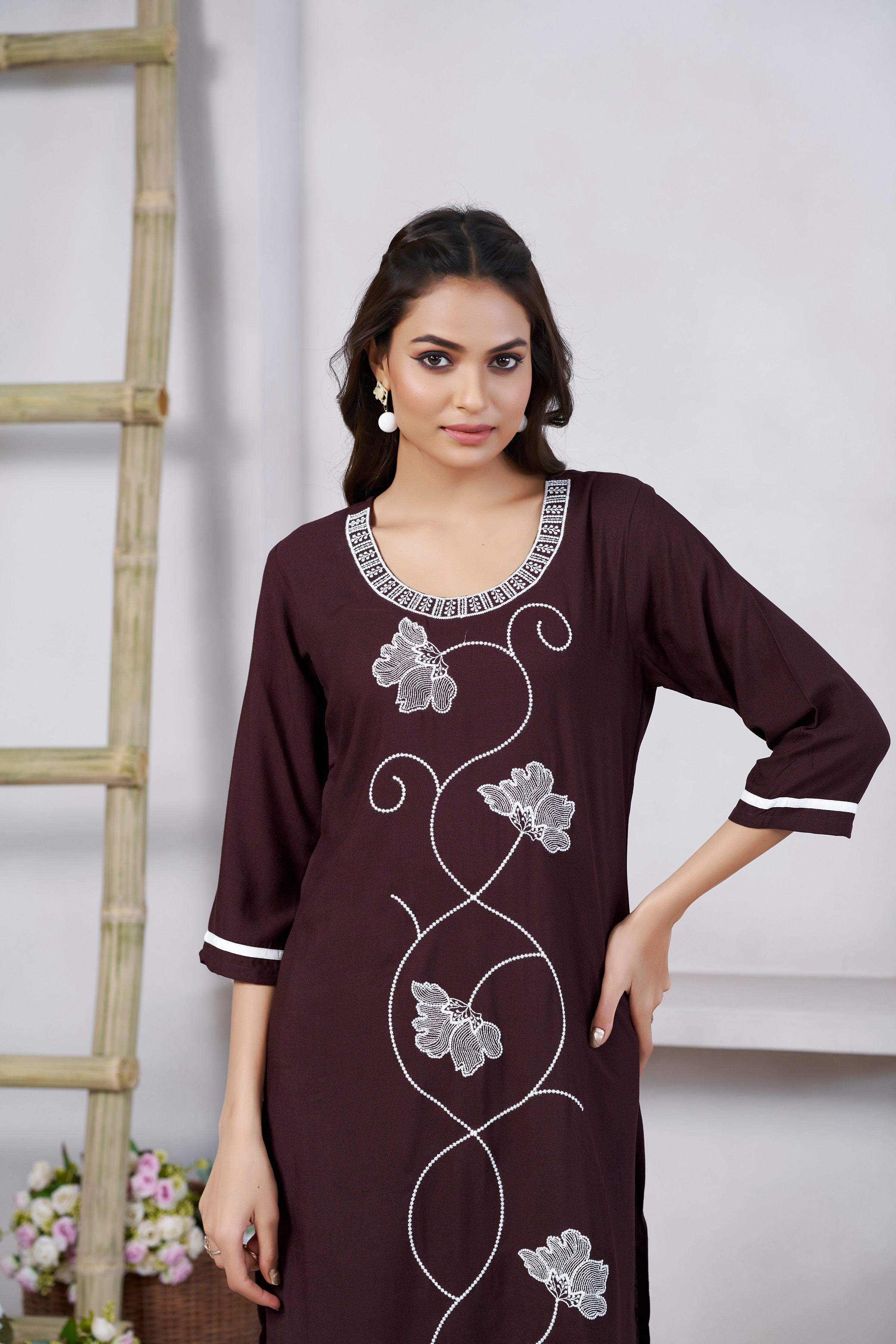 Women's Viscose Rayon Brown Embroidery Kurti