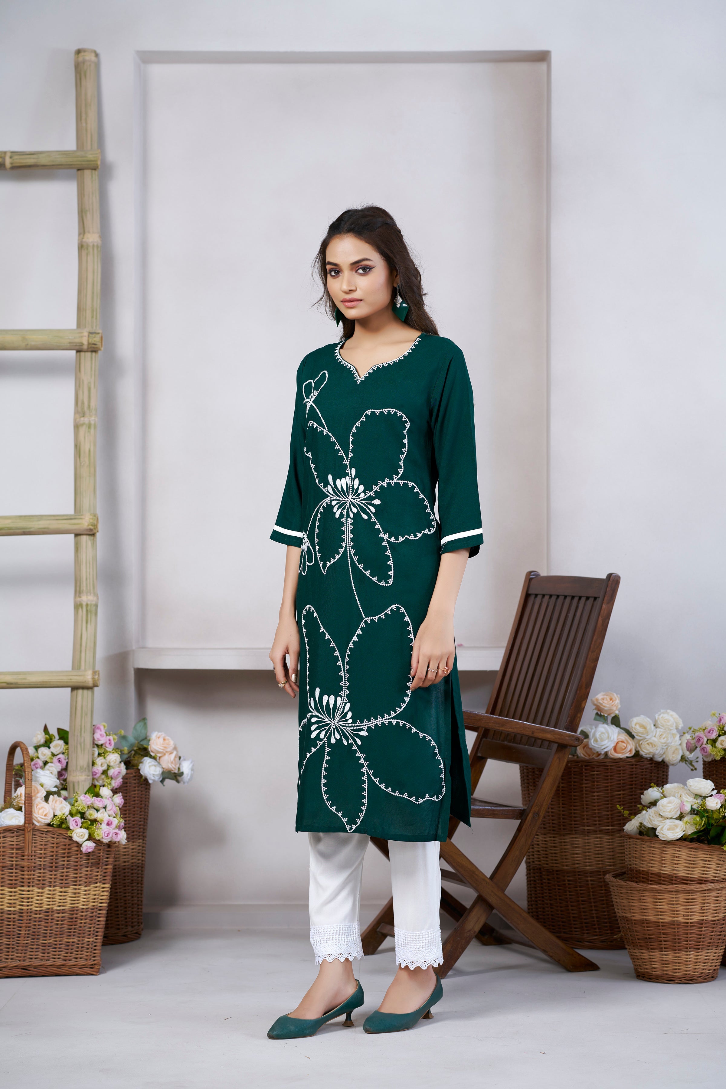 Women's Viscose Rayon Green Embroidery Kurti