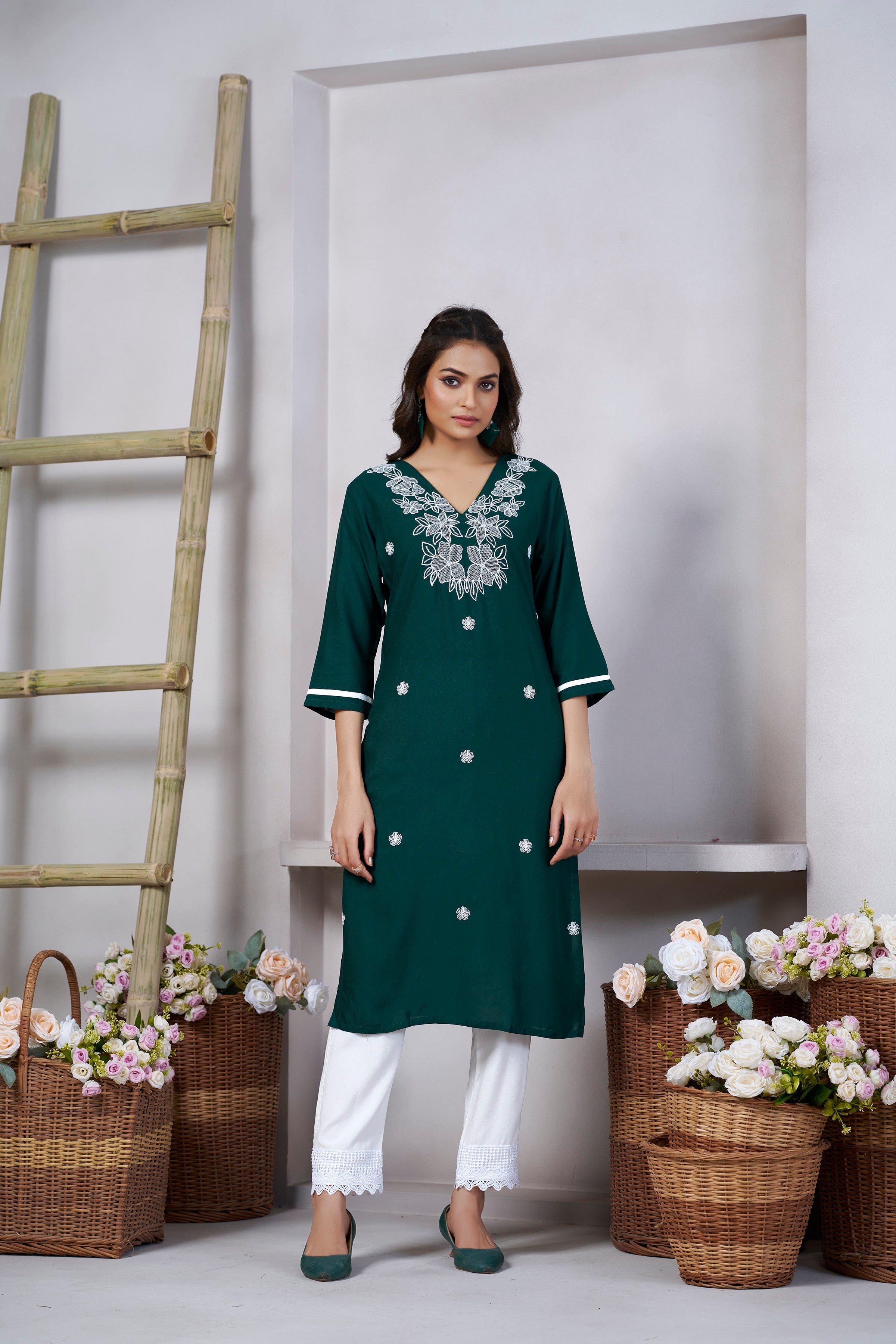 Women's Viscose Rayon Green Embroidery Kurti