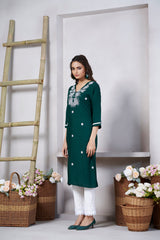 Women's Viscose Rayon Green Embroidery Kurti-AVT-S2077-Green