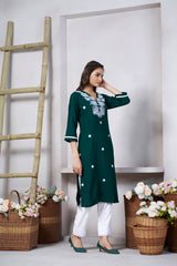 Women's Viscose Rayon Green Embroidery Kurti-AVT-S2077-Green