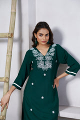 Women's Viscose Rayon Green Embroidery Kurti-AVT-S2077-Green