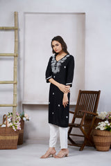 Women's Viscose Rayon Black Floral Embroidery Kurti-AVT-S2078-Black