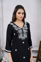 Women's Viscose Rayon Black Floral Embroidery Kurti-AVT-S2078-Black