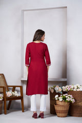 Women's Viscose Rayon Maroon Floral Embroidery Kurti-AVT-S2079-Maroon