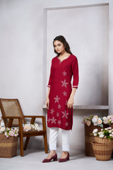 Women's Viscose Rayon Maroon Floral Embroidery Kurti-AVT-S2079-Maroon