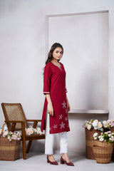 Women's Viscose Rayon Maroon Floral Embroidery Kurti-AVT-S2079-Maroon