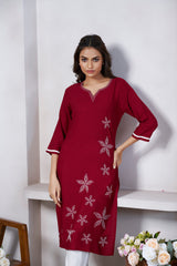 Women's Viscose Rayon Maroon Floral Embroidery Kurti-AVT-S2079-Maroon