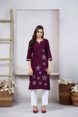 Women's Viscose Rayon Wine Floral Embroidery Kurti-AVT-S2080-Wine