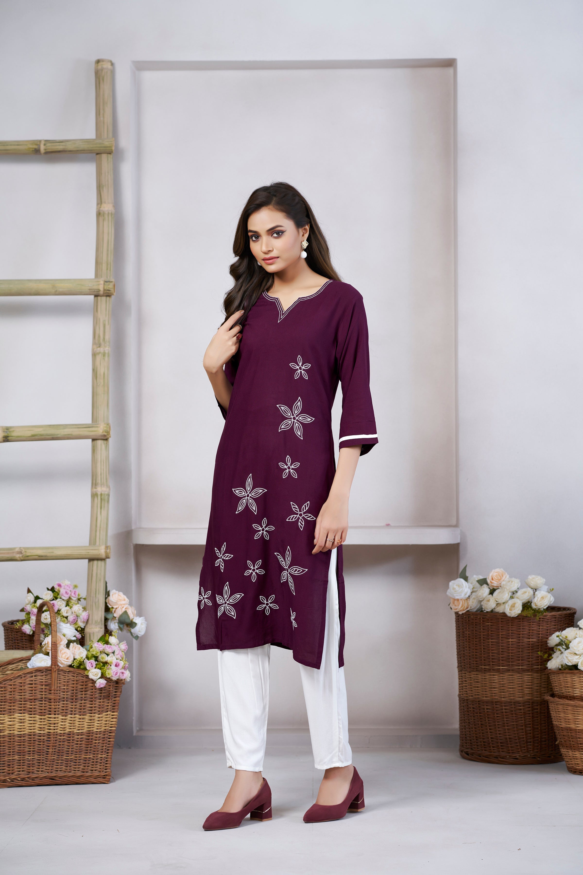 Women's Viscose Rayon Wine Floral Embroidery Kurti