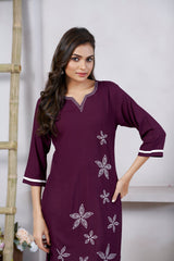 Women's Viscose Rayon Wine Floral Embroidery Kurti-AVT-S2080-Wine
