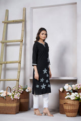 Women's Viscose Rayon Black Floral Embroidery Kurti-AVT-S2081-Black