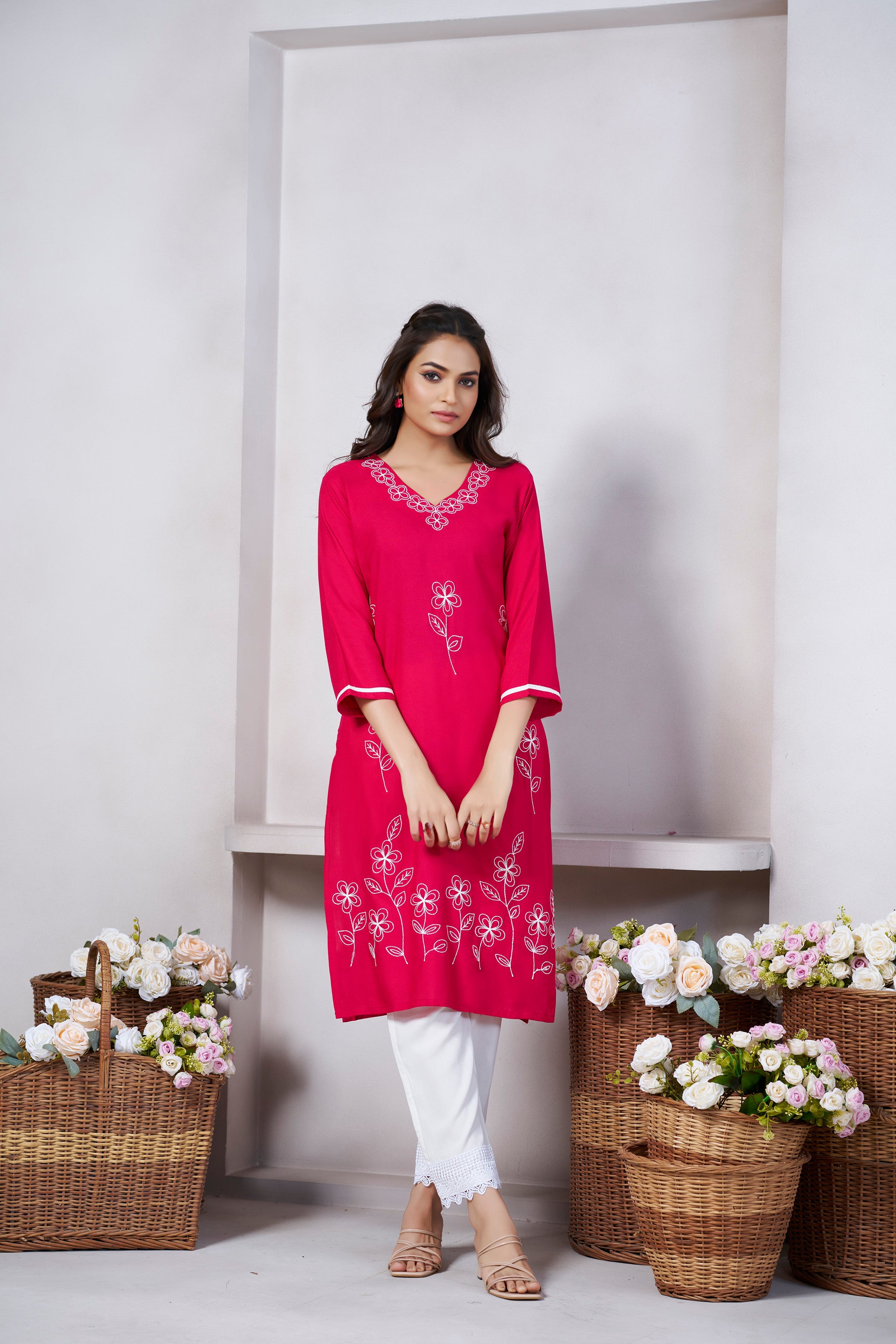 Women's Viscose Rayon Pink Floral Embroidery Kurti