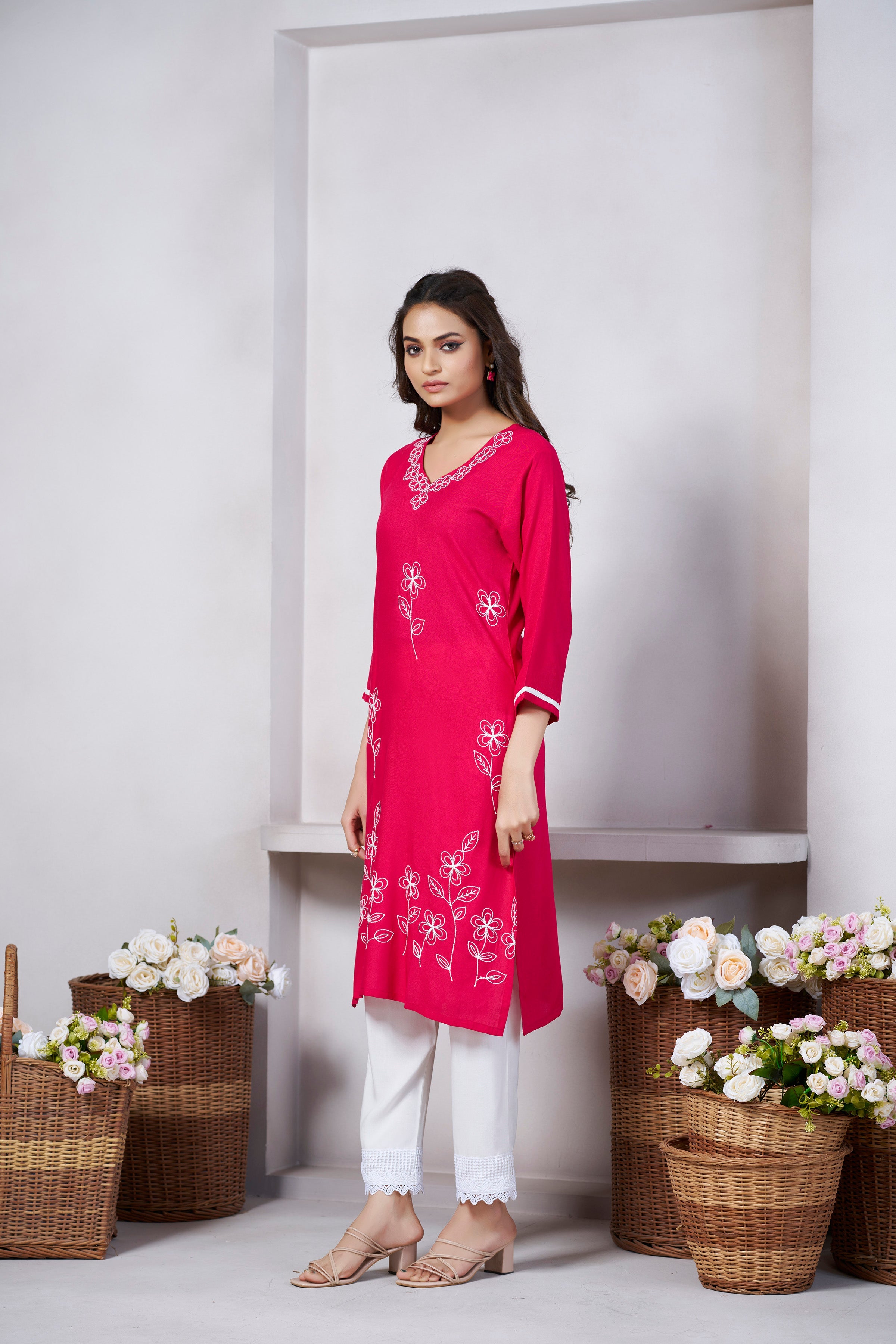 Women's Viscose Rayon Pink Floral Embroidery Kurti
