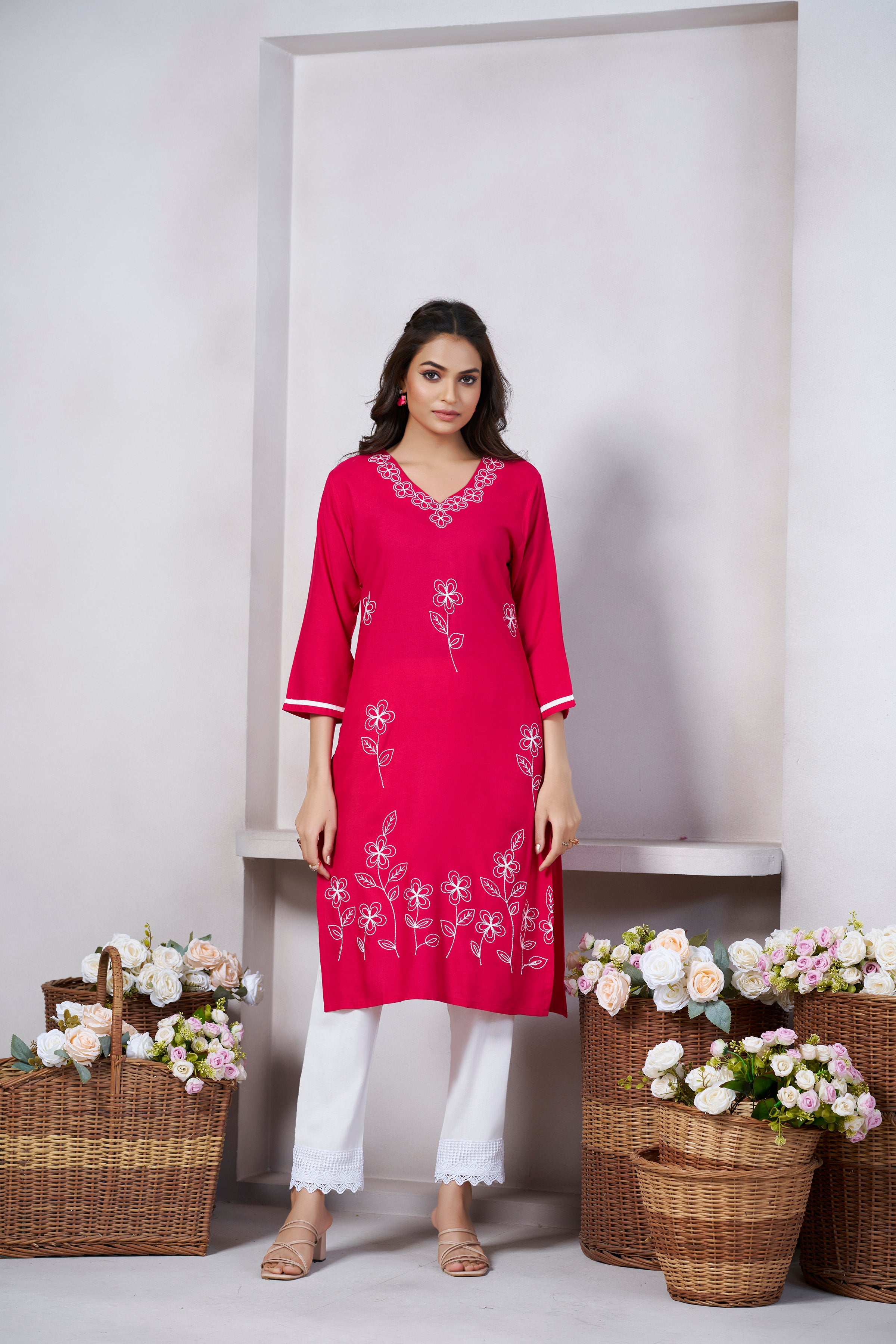 Women's Viscose Rayon Pink Floral Embroidery Kurti