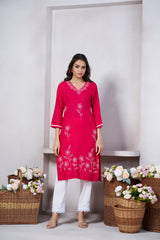 Women's Viscose Rayon Pink Floral Embroidery Kurti-AVT-S2082-Pink