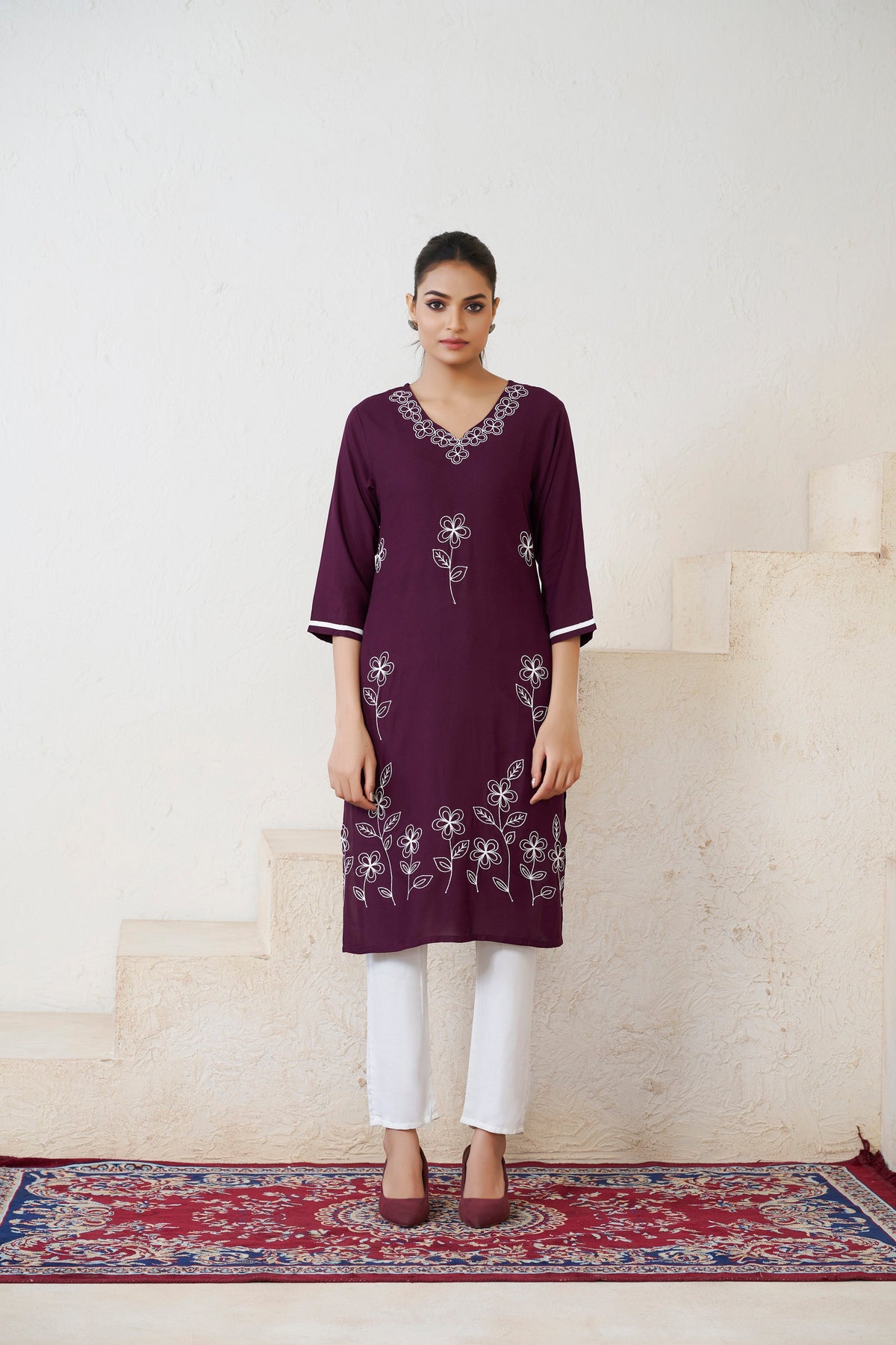 Women's Viscose Rayon Wine Floral Embroidery Kurti-AVT-S2084-Wine