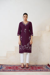 Women's Viscose Rayon Wine Floral Embroidery Kurti-AVT-S2084-Wine