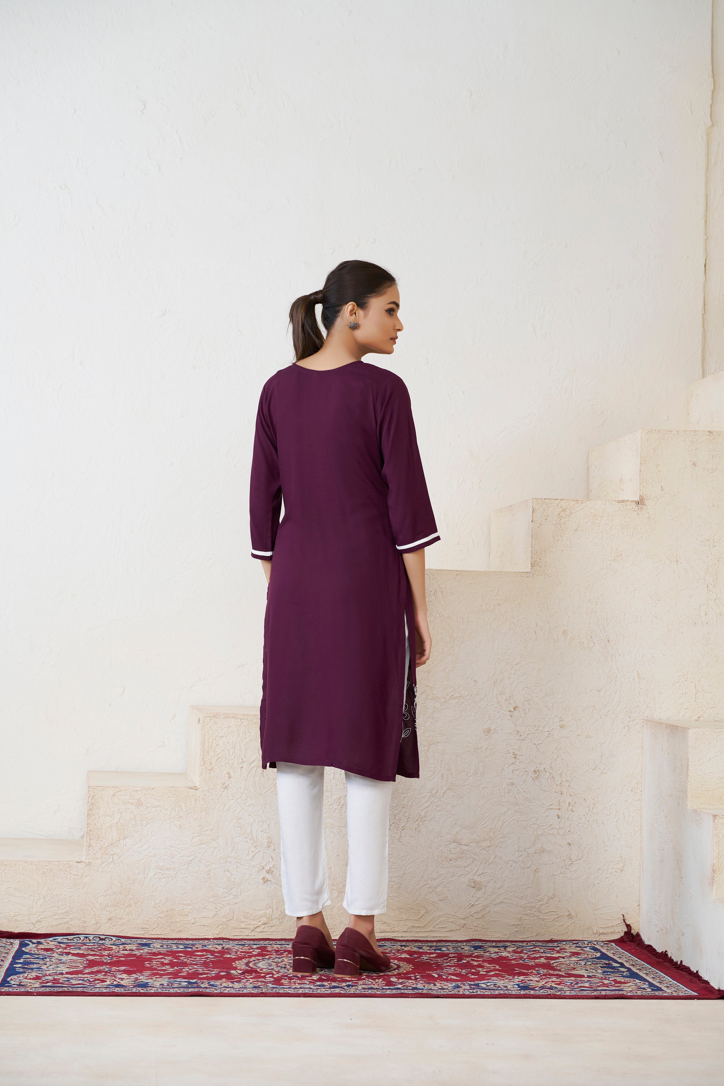 Women's Viscose Rayon Wine Floral Embroidery Kurti