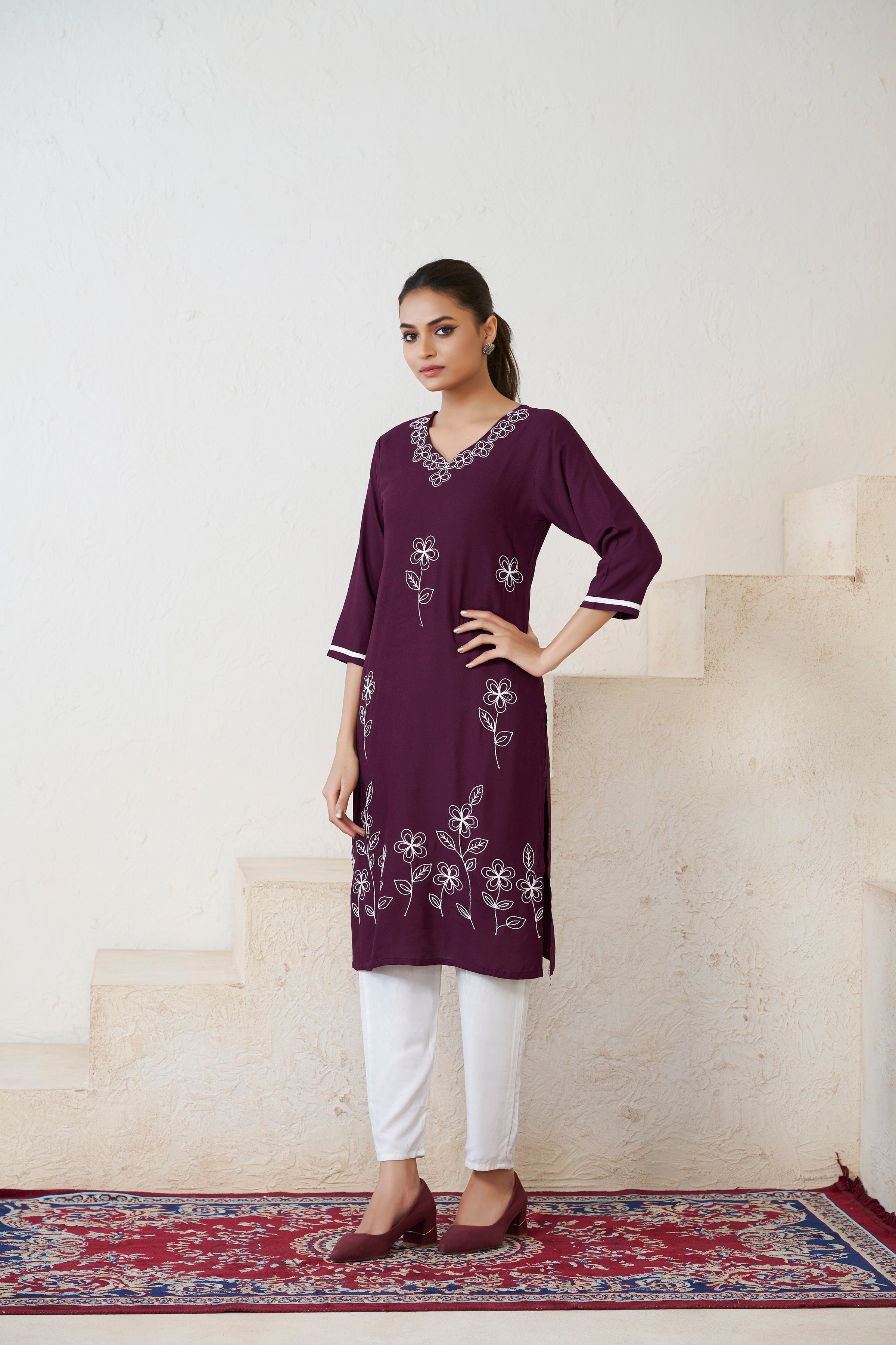 Women's Viscose Rayon Wine Floral Embroidery Kurti