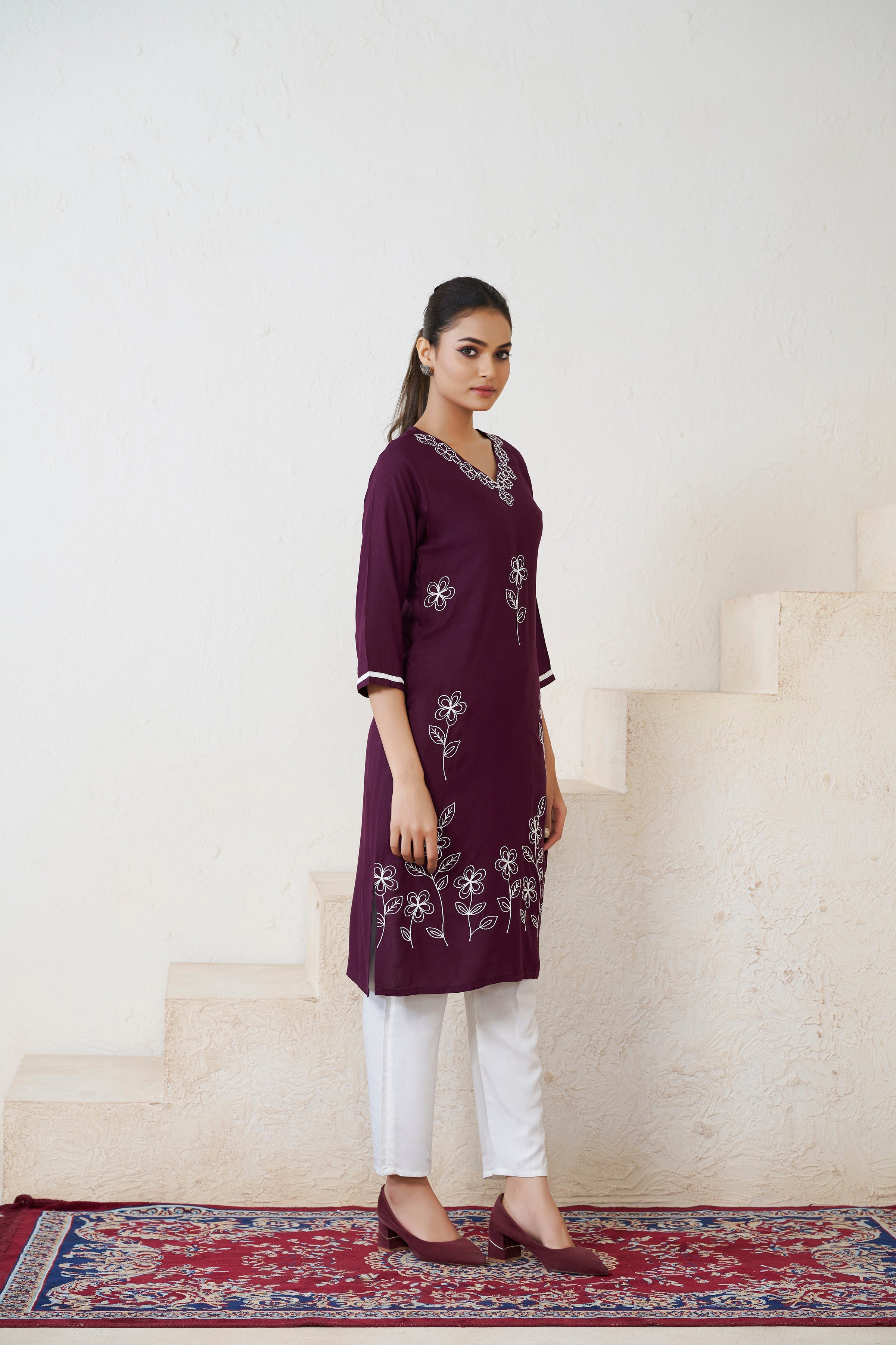 Women's Viscose Rayon Wine Floral Embroidery Kurti