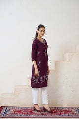 Women's Viscose Rayon Wine Floral Embroidery Kurti-AVT-S2084-Wine