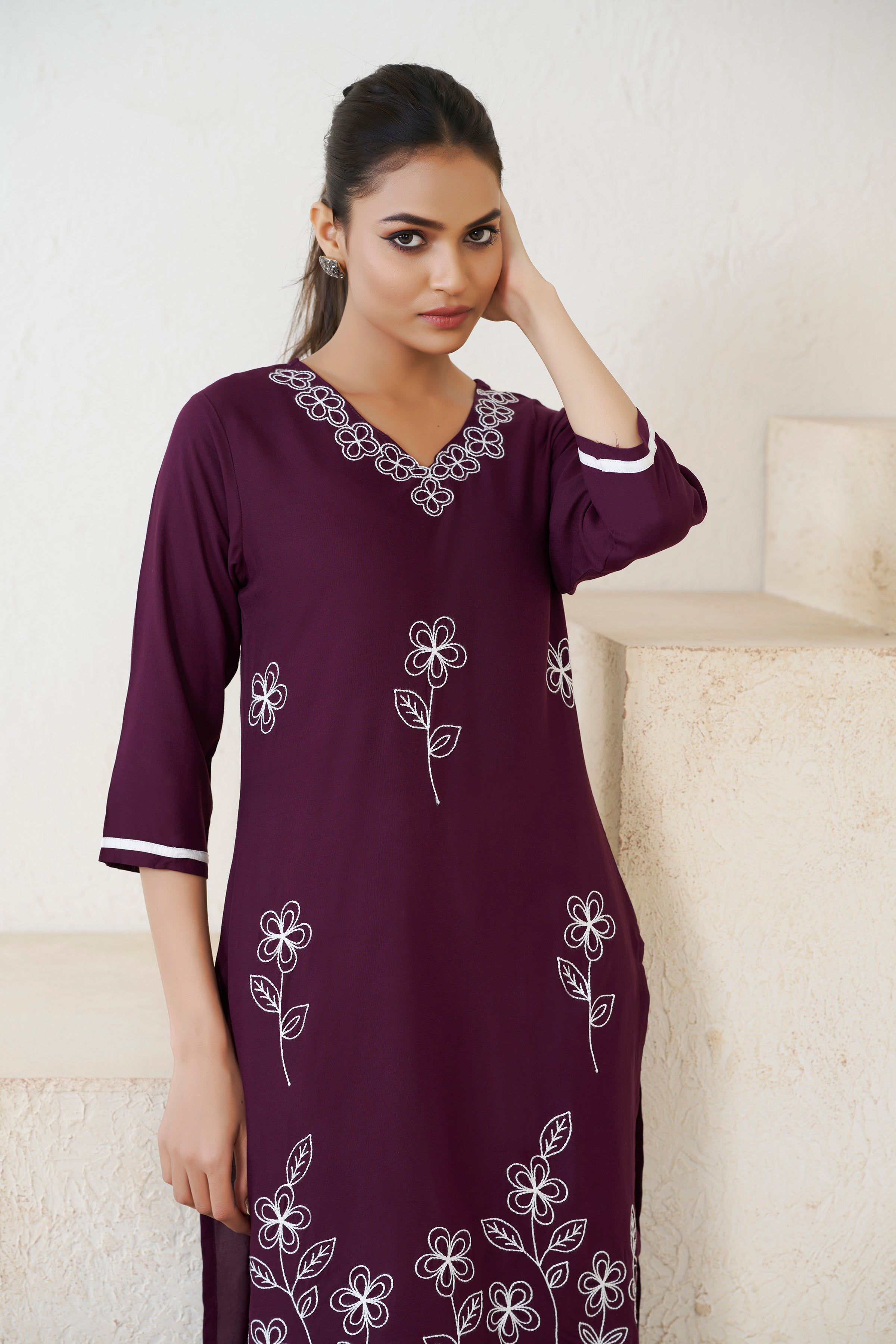 Women's Viscose Rayon Wine Floral Embroidery Kurti