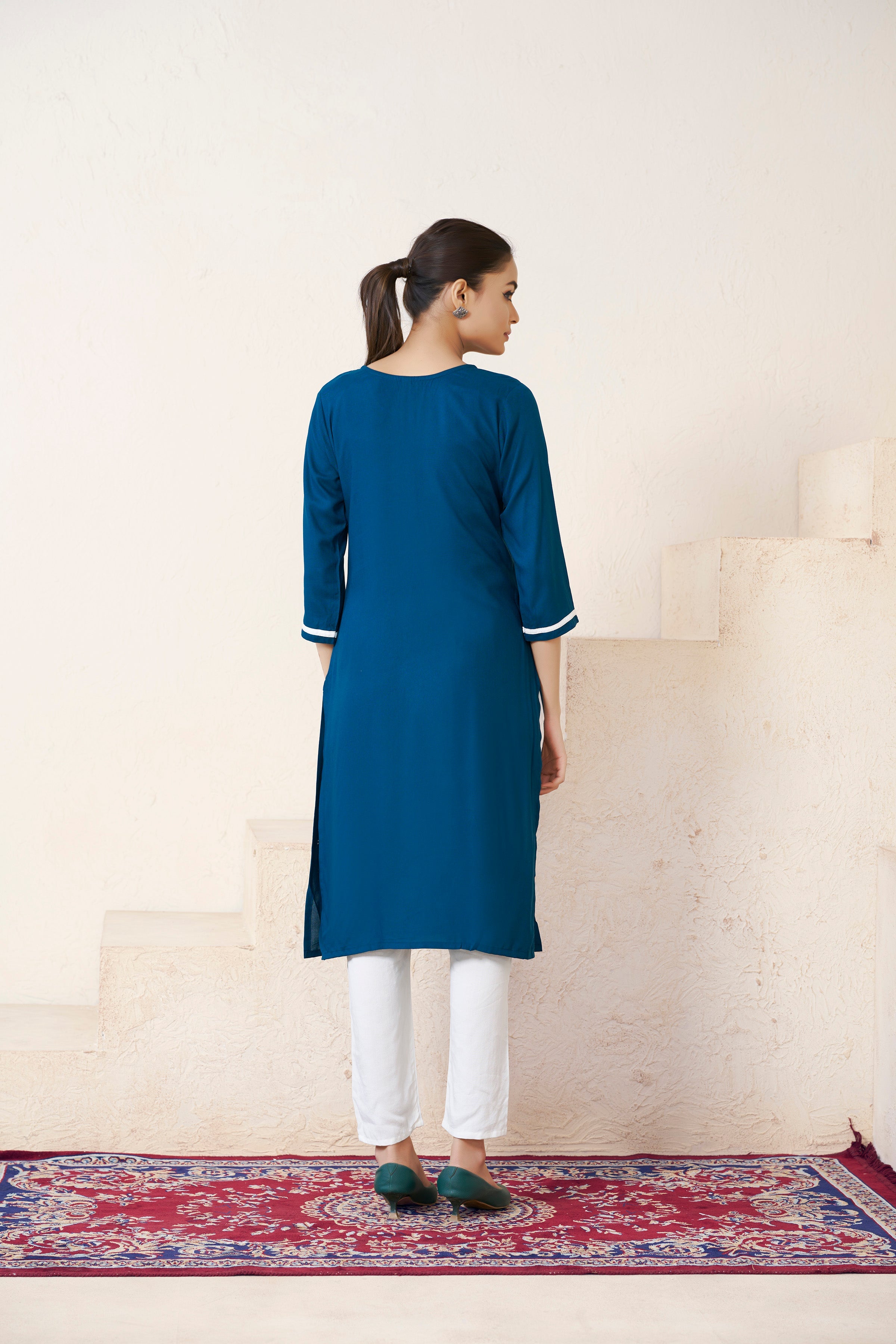 Women's Viscose Rayon Rama Floral Embroidery Kurti