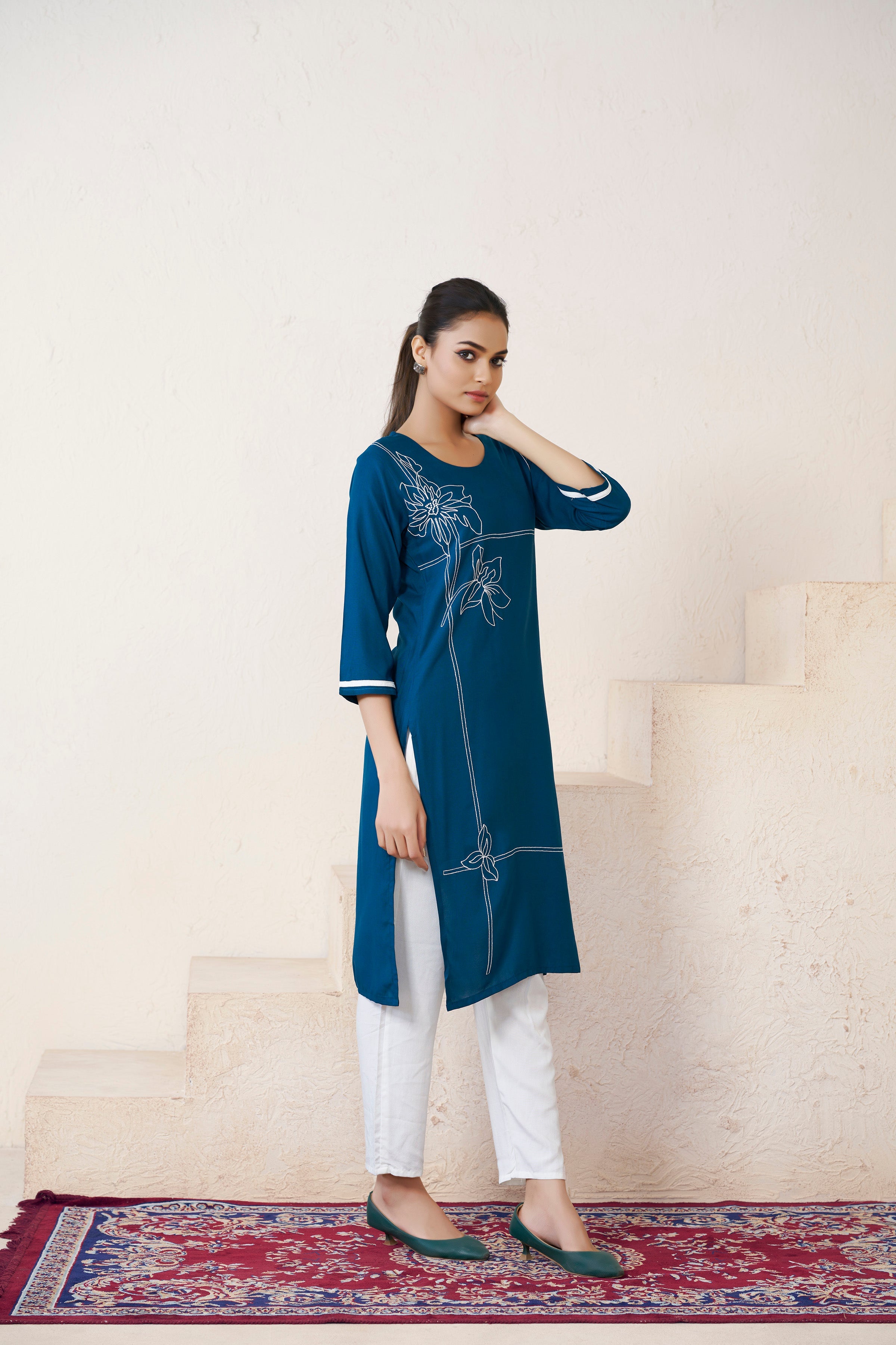 Women's Viscose Rayon Rama Floral Embroidery Kurti