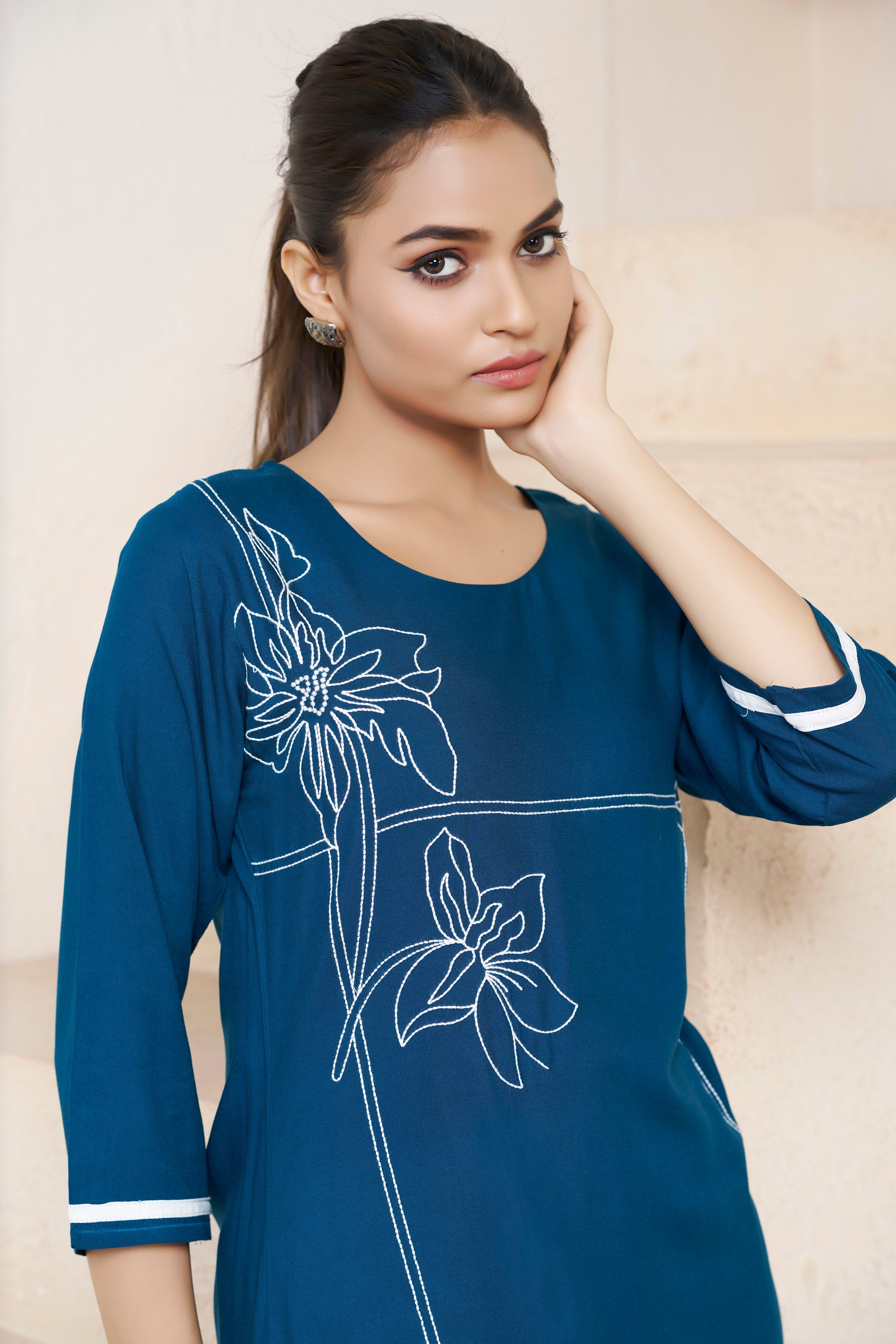 Women's Viscose Rayon Rama Floral Embroidery Kurti