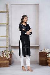 Women's Viscose Rayon Black Floral Embroidery Kurti-AVT-S2086-Black