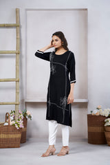 Women's Viscose Rayon Black Floral Embroidery Kurti-AVT-S2086-Black