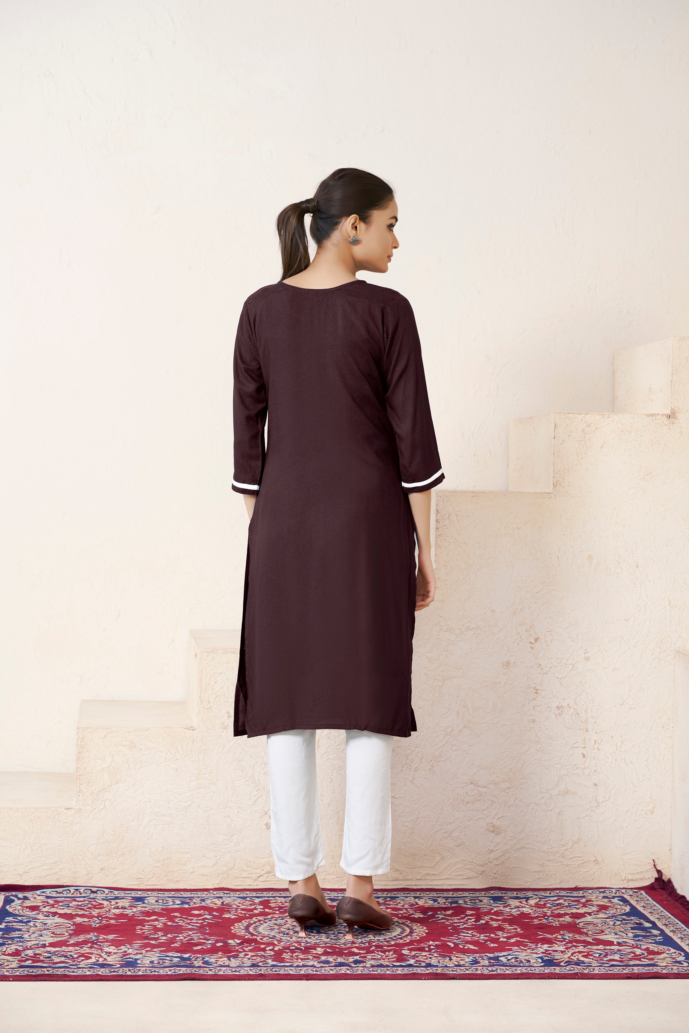 Women's Viscose Rayon Brown Floral Embroidery Kurti