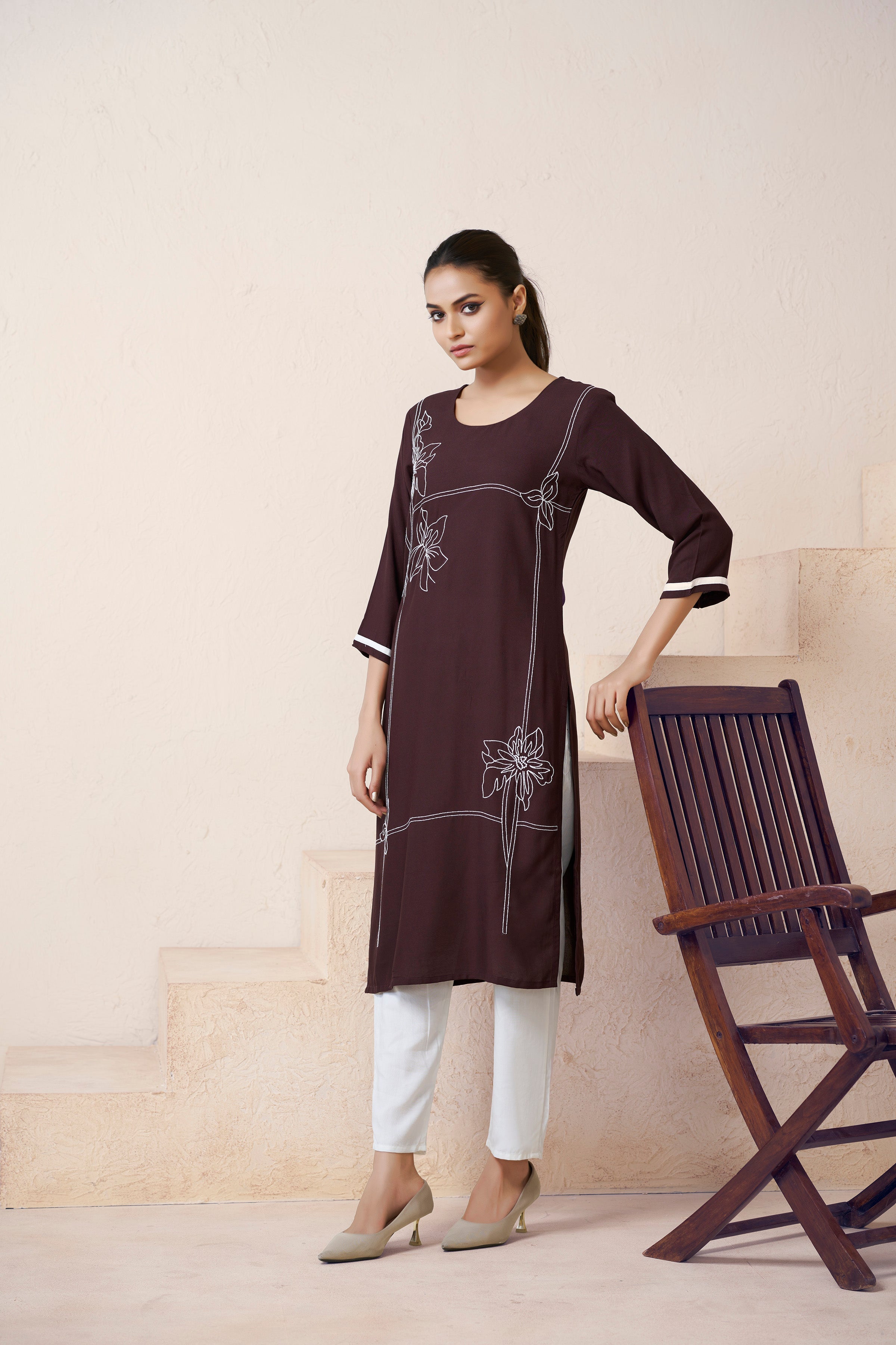 Women's Viscose Rayon Brown Floral Embroidery Kurti