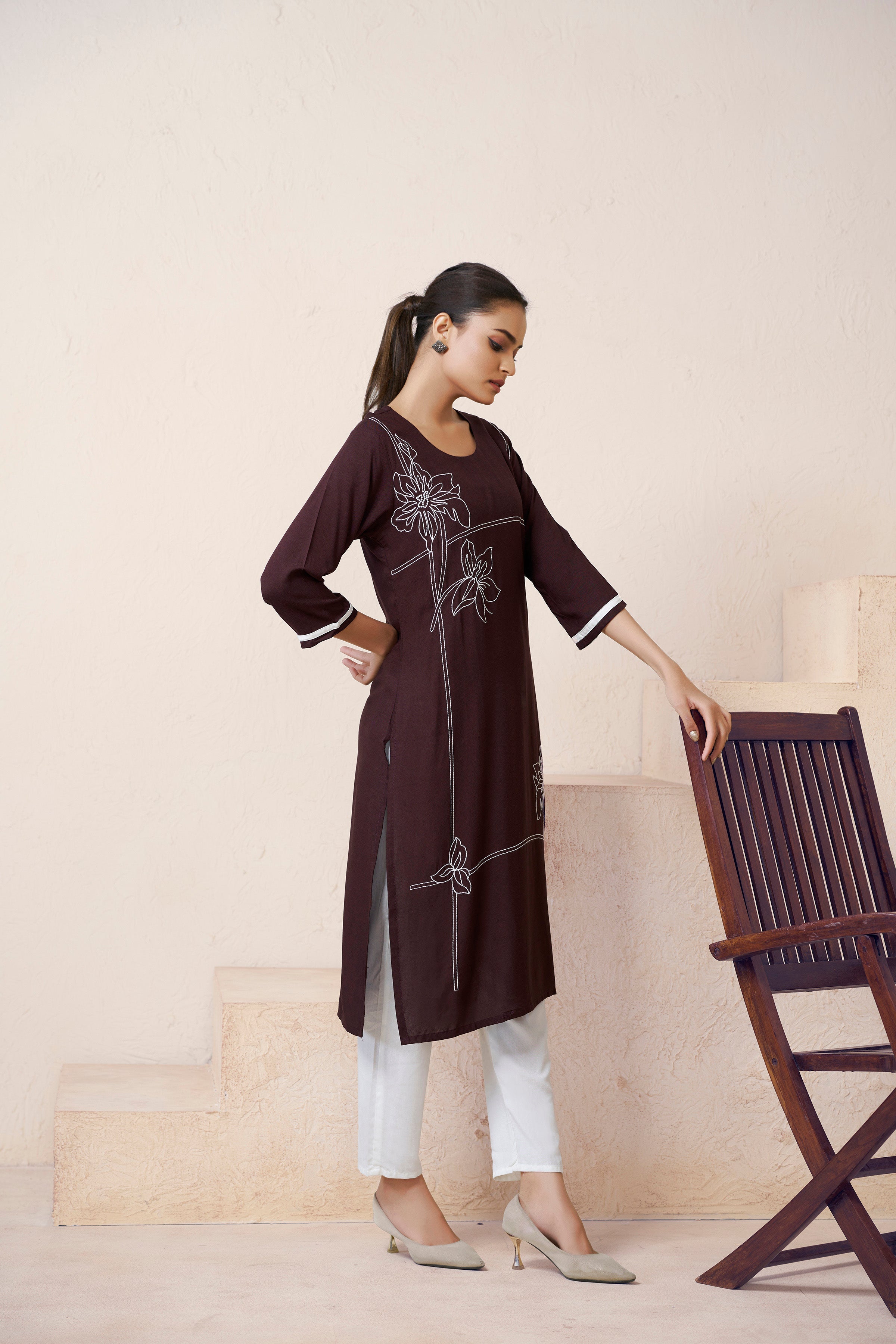Women's Viscose Rayon Brown Floral Embroidery Kurti