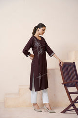 Women's Viscose Rayon Brown Floral Embroidery Kurti-AVT-S2087-Brown