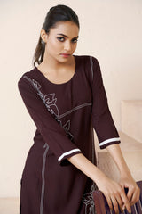 Women's Viscose Rayon Brown Floral Embroidery Kurti-AVT-S2087-Brown