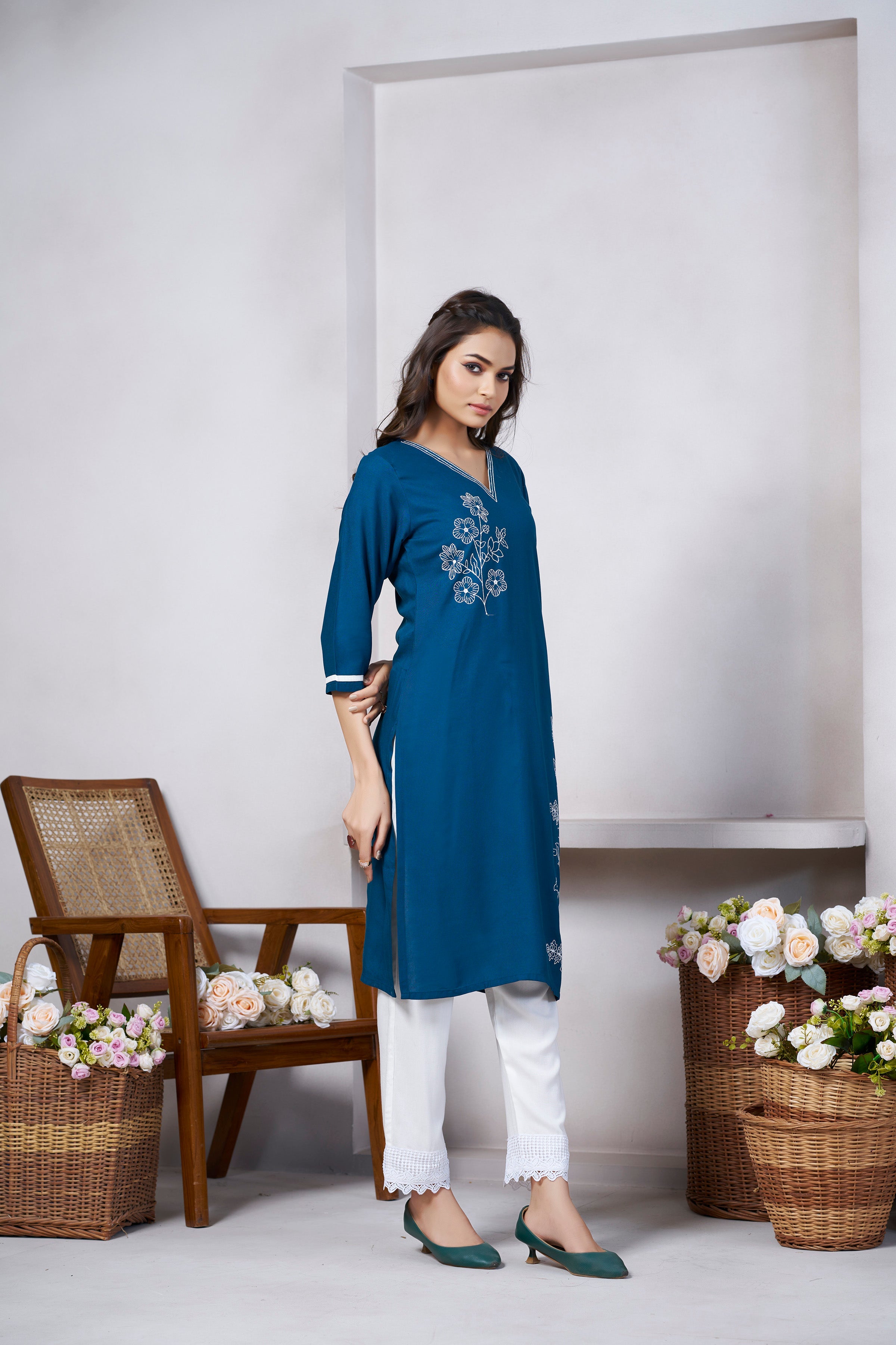 Women's Viscose Rayon Rama Floral Embroidery Kurti