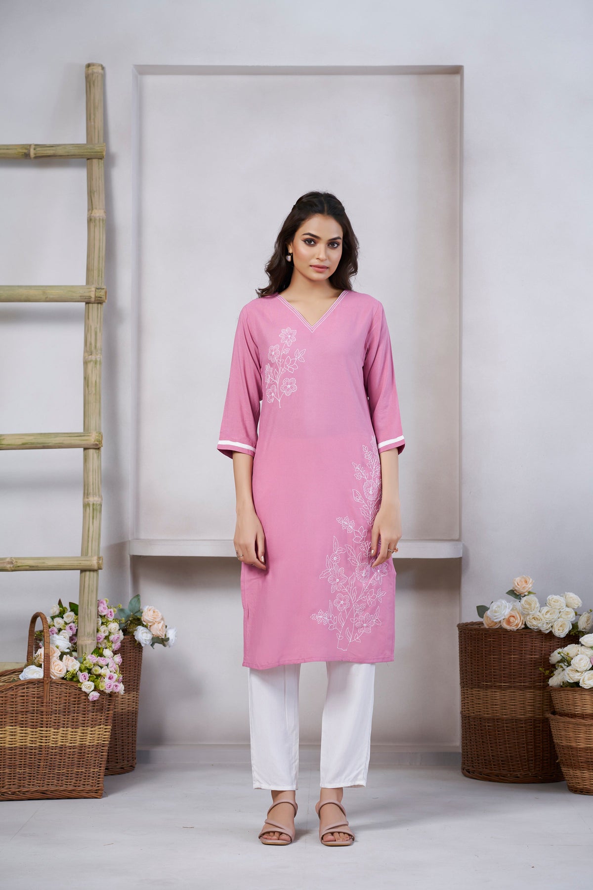 Women's Viscose Rayon Light Pink Floral Embroidery Kurti-AVT-S2090-LPink