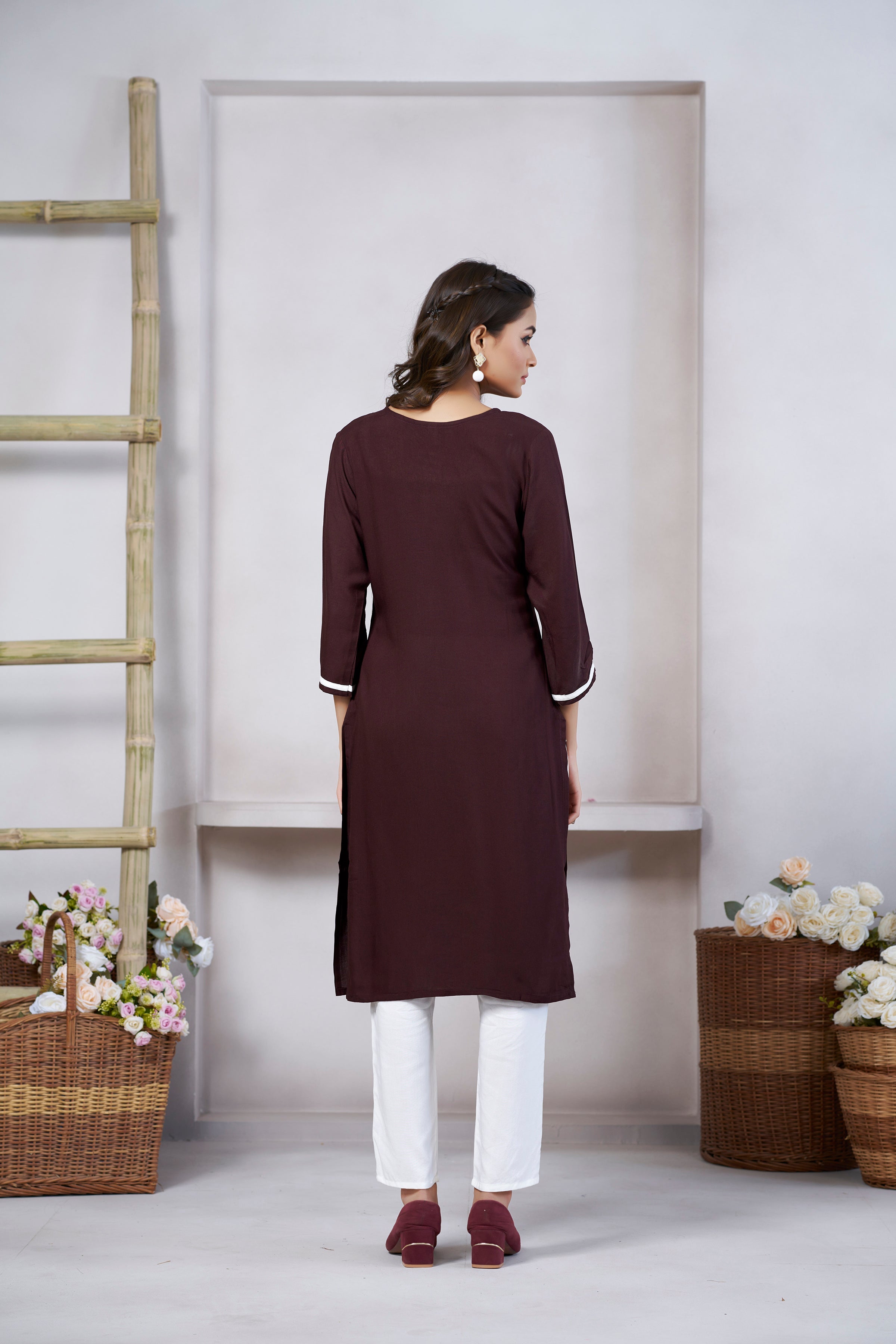 Women's Viscose Rayon Light Brown Floral Embroidery Kurti
