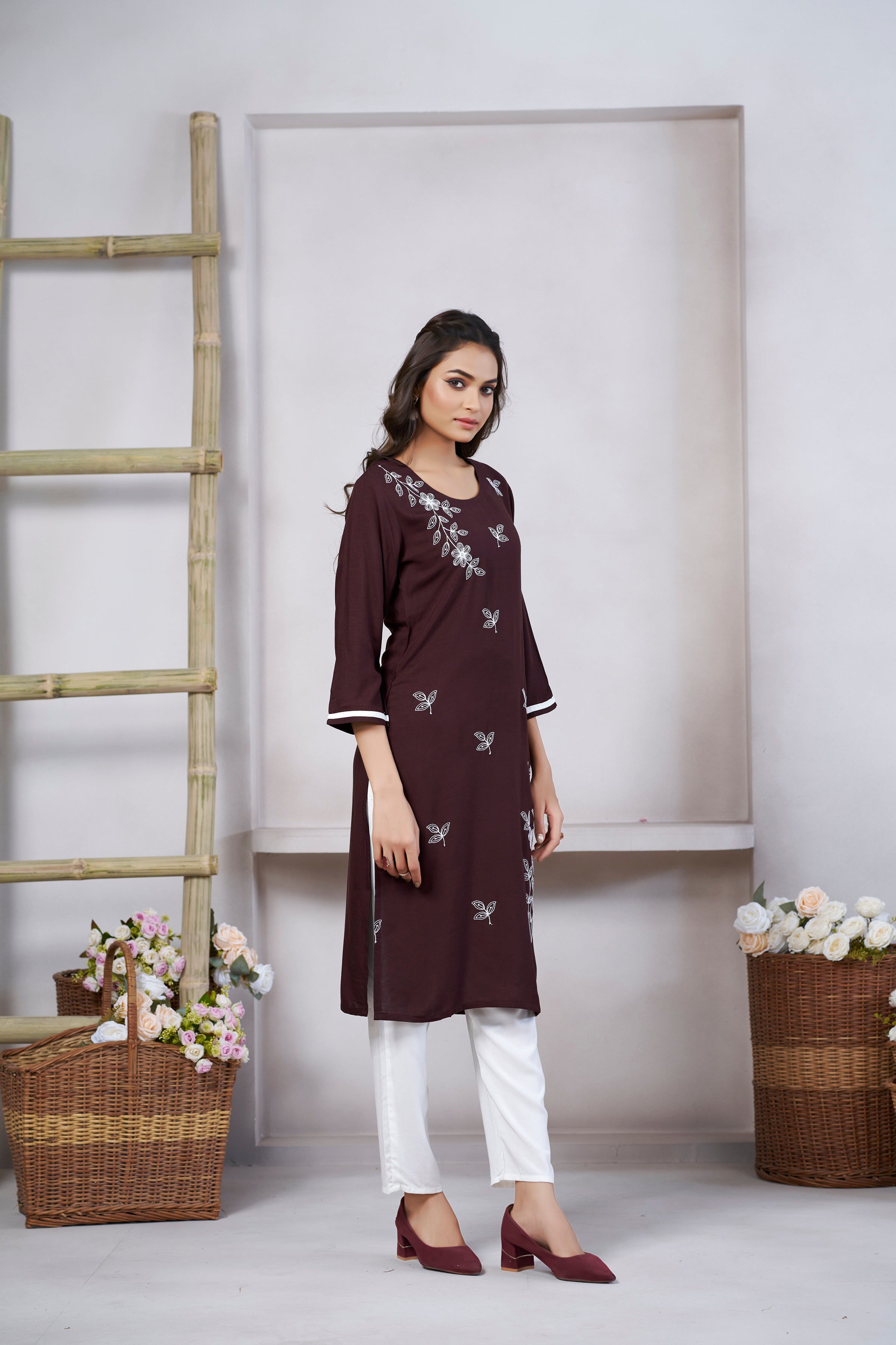 Women's Viscose Rayon Light Brown Floral Embroidery Kurti